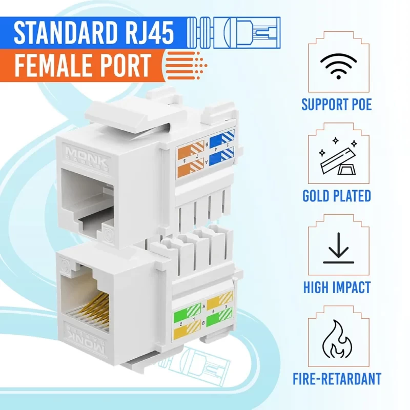 Cat6 keystone jack Krone punch-down type with female Ethernet port view