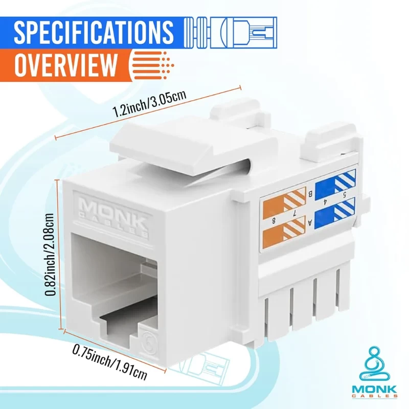 Cat6 keystone jack with Krone punch-down terminals showing technical specifications
