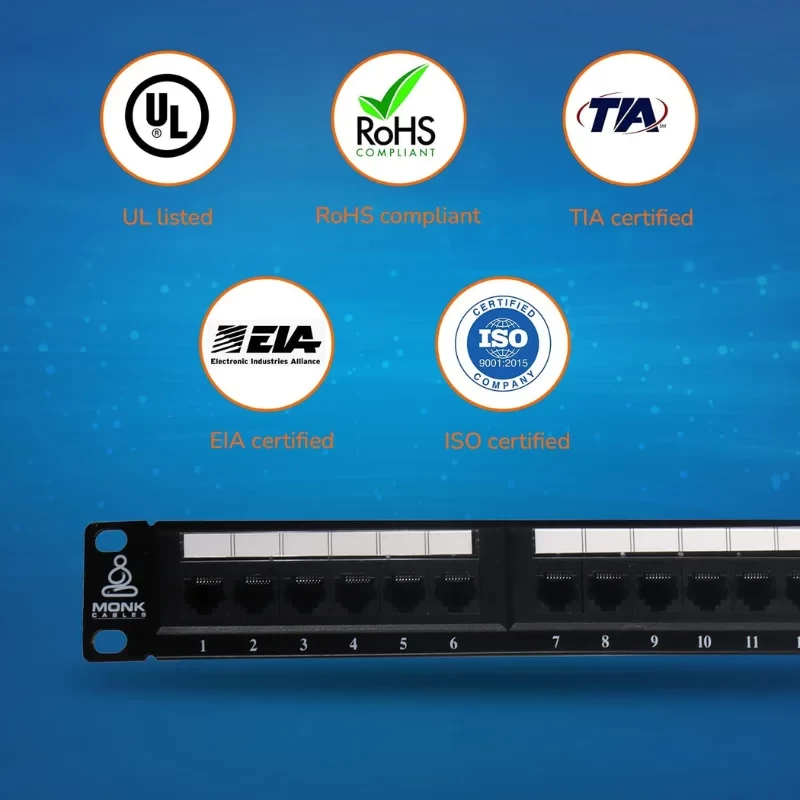 CAT6 24-port patch panel displaying technical specifications and ports layout