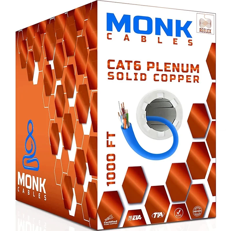 Cat6 plenum solid copper blue Ethernet cable box, 1000ft length with pull-out roller