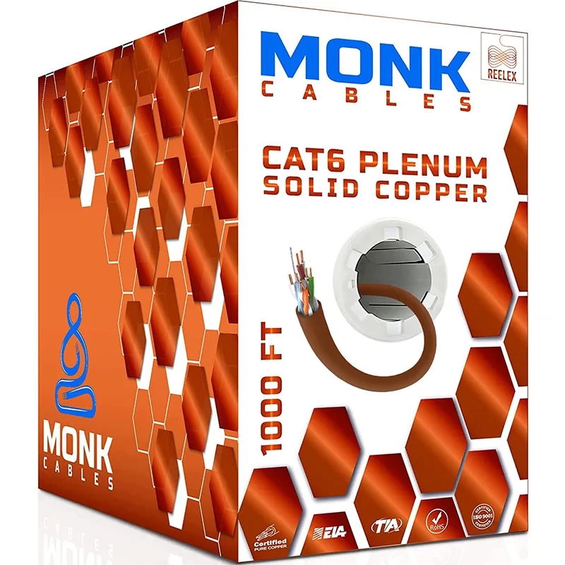 Cat6 plenum solid copper brown Ethernet cable box, 1000ft length with pull-out roller