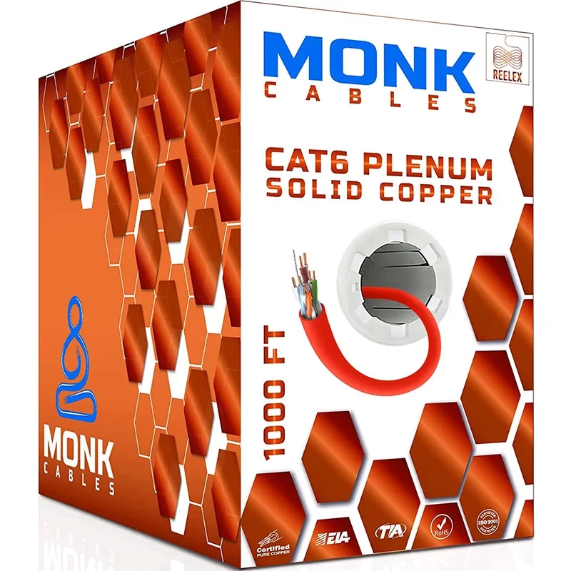 Cat6 plenum solid copper red Ethernet cable box, 1000ft length with pull-out roller