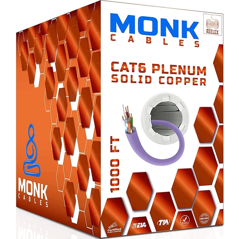 Cat6 plenum solid copper violet Ethernet cable box, 1000ft length with pull-out roller