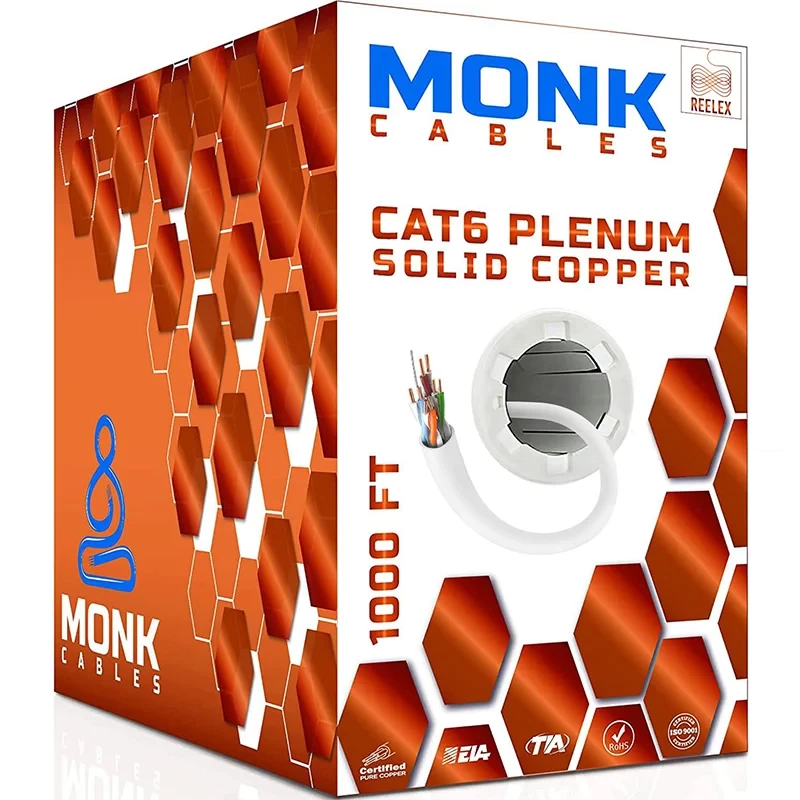 Cat6 plenum solid copper white Ethernet cable box, 1000ft length with pull-out roller