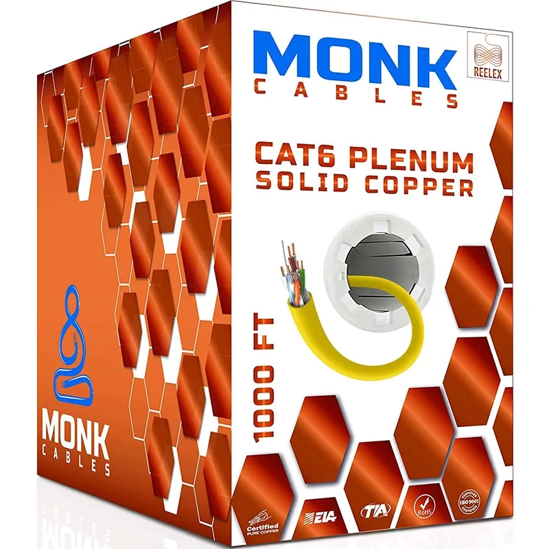 Cat6 plenum solid copper yellow Ethernet cable box, 1000ft length with pull-out roller