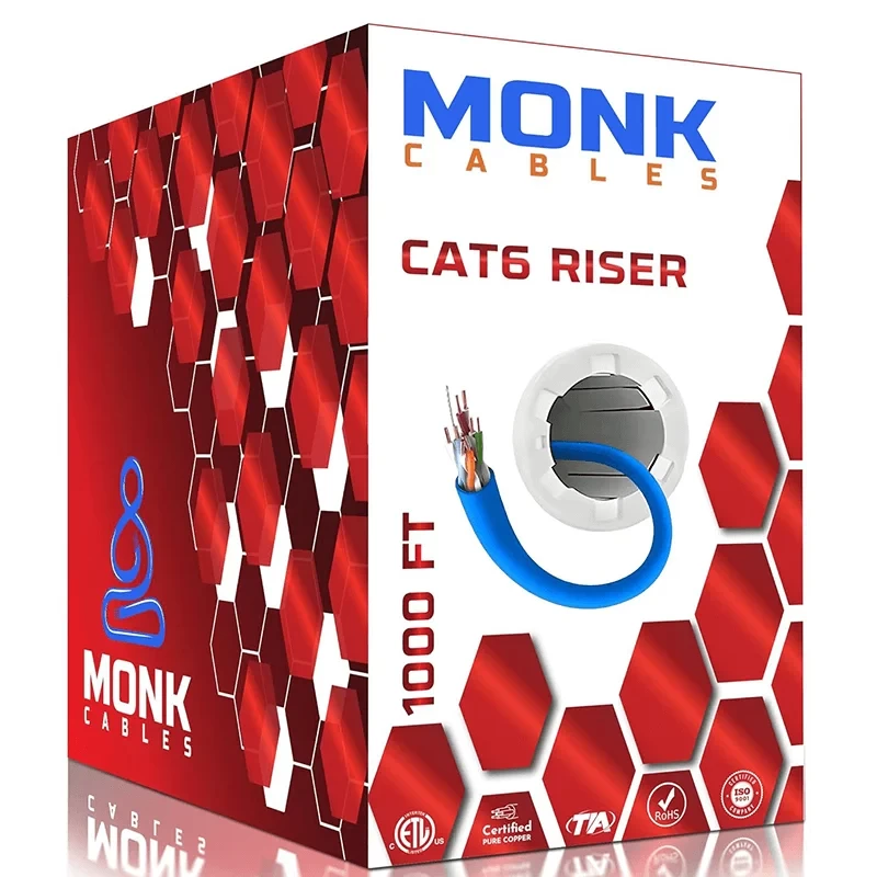 Cat6 riser solid copper blue Ethernet cable box, 1000ft length with pull-out roller