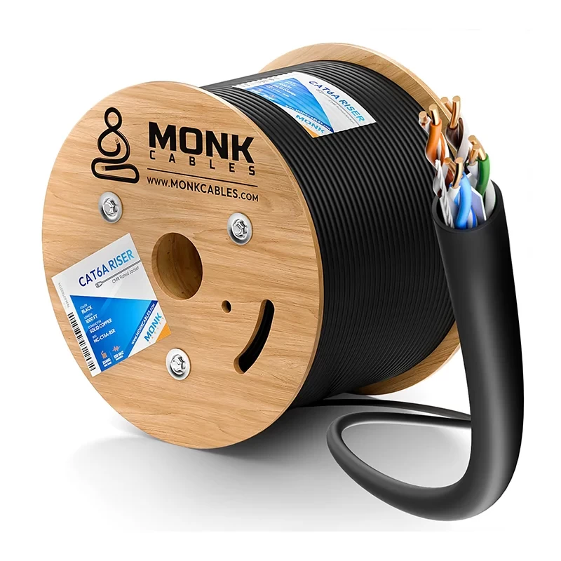 Cat6a riser solid copper UTP black Ethernet cable box, 1000ft length with pull-out roller