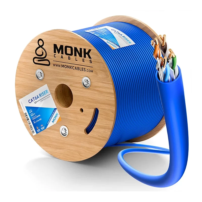 Cat6a riser solid copper UTP blue Ethernet cable box, 1000ft length with pull-out roller