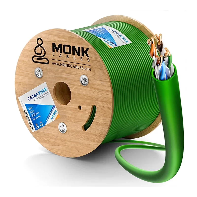 Cat6a riser solid copper UTP green Ethernet cable box, 1000ft length with pull-out roller