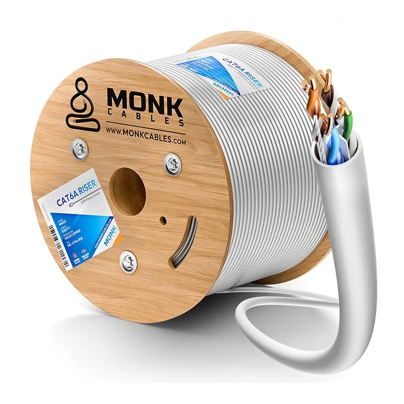 Cat6a riser solid copper UTP white Ethernet cable box, 1000ft length with pull-out roller