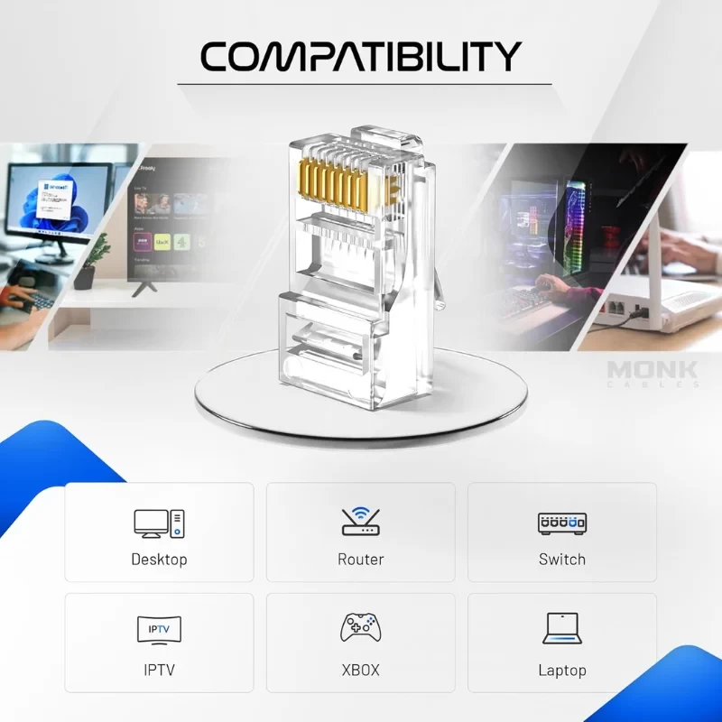 RJ45 Cat6 Ethernet connectors compatible with Cat6 and Cat5e cables