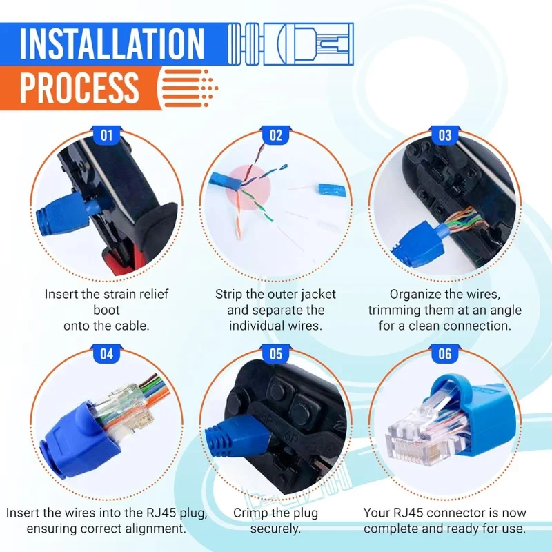 RJ45 connector boots during installation process on Ethernet cables