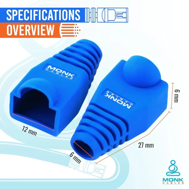 RJ45 connector boots showing technical specifications and dimensions