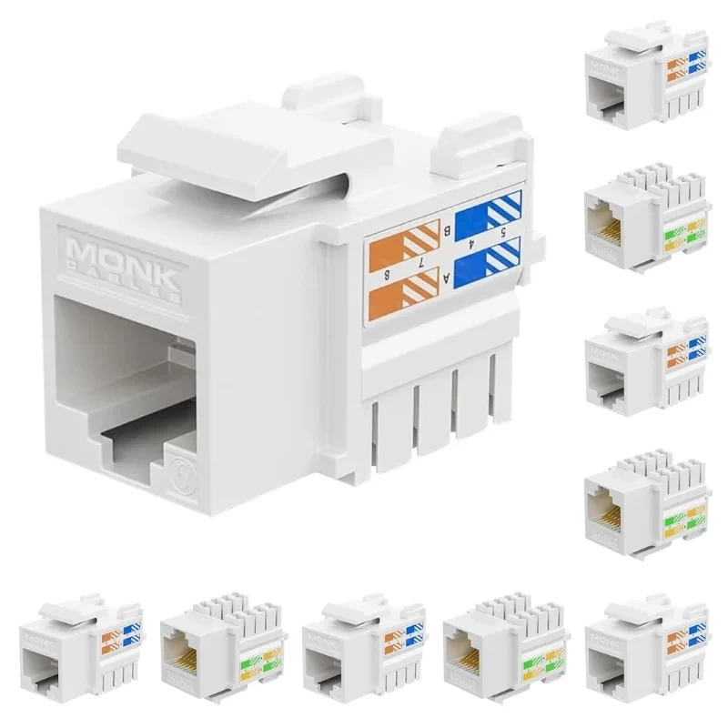 CAT6 90-degree keystone jacks with dual IDC 110 and Krone punch-down terminals