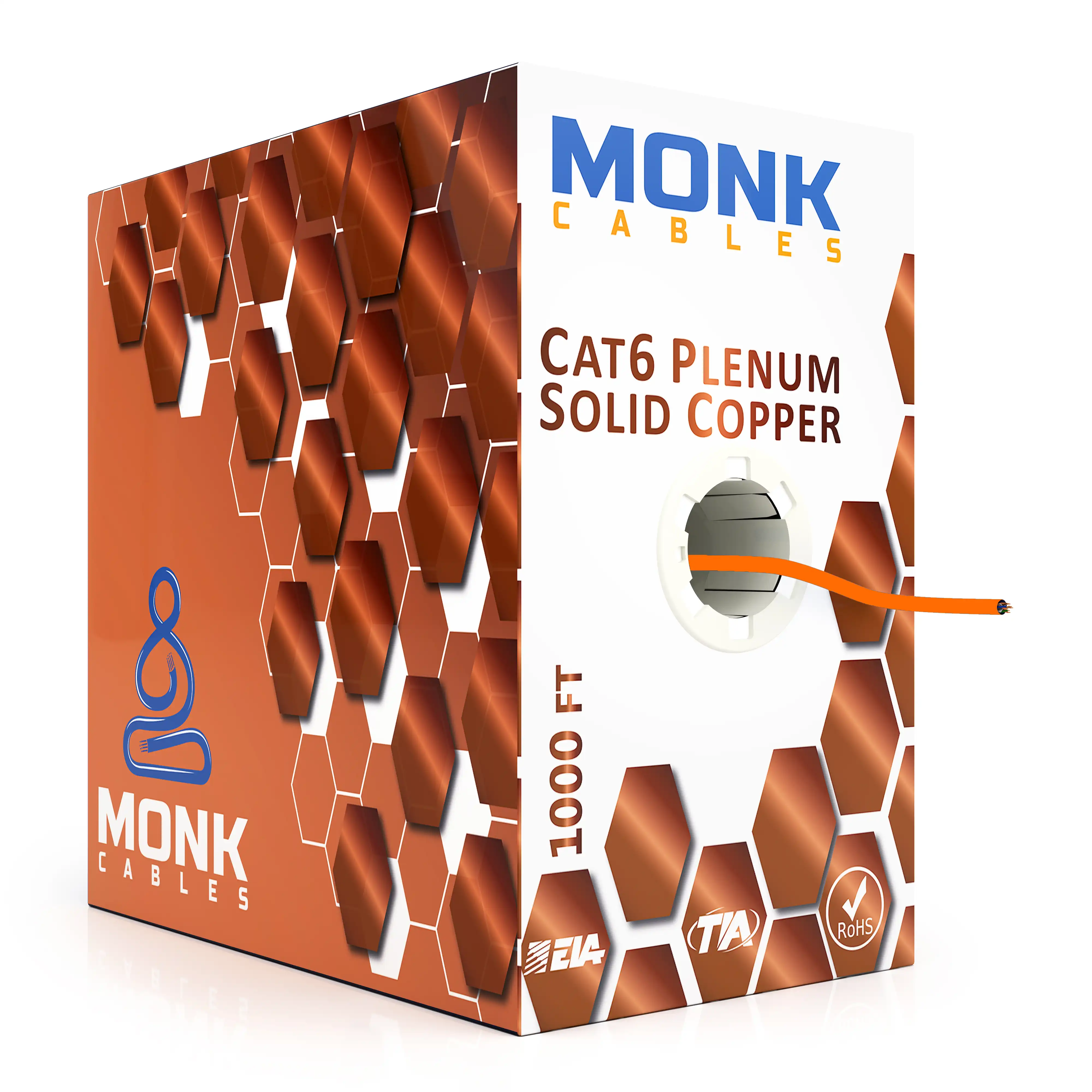 Orange Cat6 Solid Pure Bare Copper 1000ft Plenum UTP, 550Mhz, 23Awg (0.57mm), Ethernet Network Cable