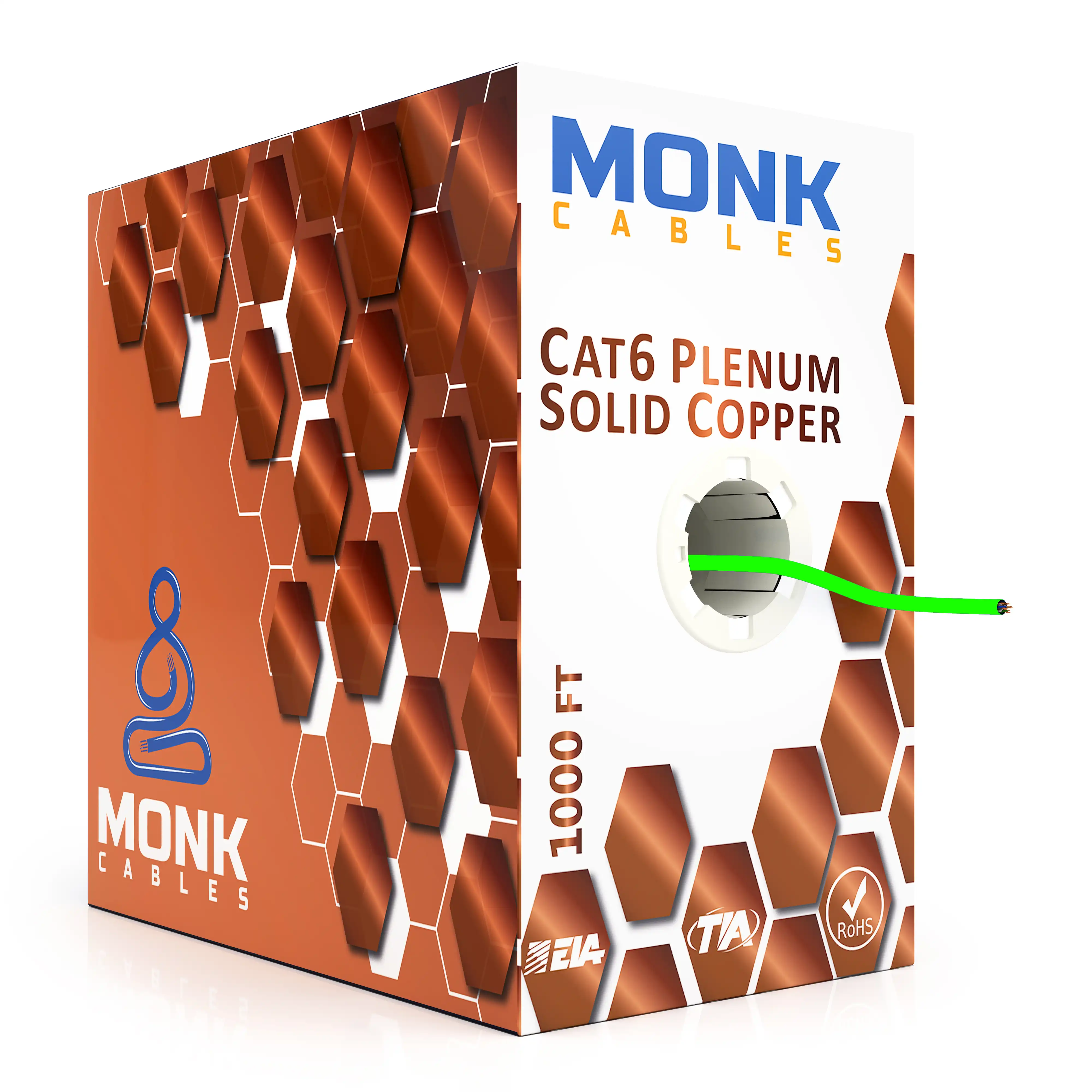 Green Cat6 Solid Pure Bare Copper 1000ft Plenum UTP, 550Mhz, 23Awg (0.57mm), Ethernet Network Cable