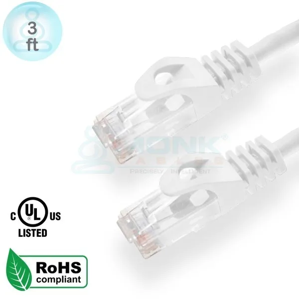 UL 3ft White Cat6 Patch Cable Boot & Protector UTP Stranded 24Awg