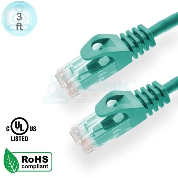 UL 3ft Green Cat6 Patch Cable Boot & Protector UTP Stranded 24Awg