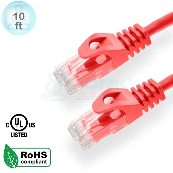 UL 10ft Red Cat6 Patch Cable Boot & Protector UTP Stranded 24Awg