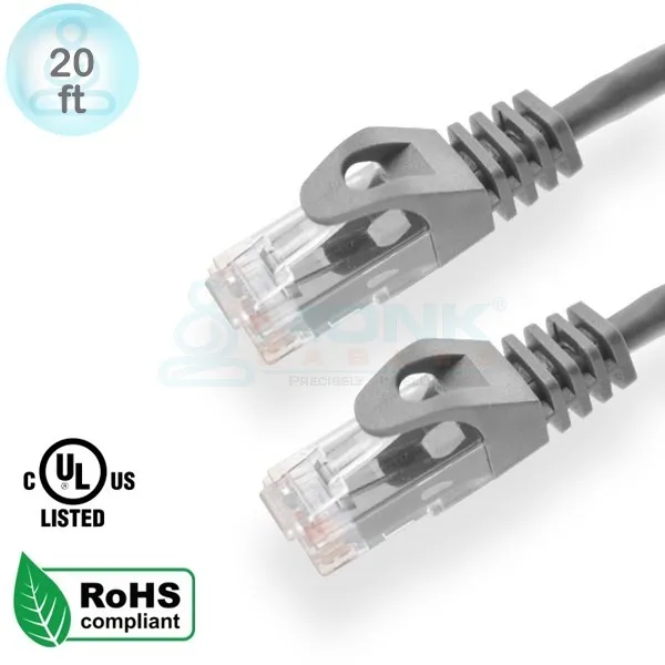 UL 20ft Gray Cat6 Patch Cable Boot & Protector UTP Stranded 24Awg