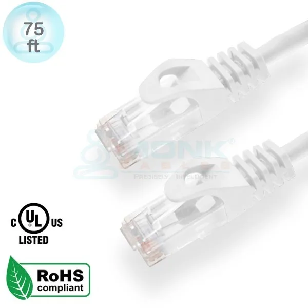 UL White 75ft CAT6 Patch Cable UTP 550Mhz Stranded 24AWG (10 Per Bag)