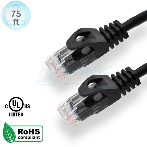 UL Black 75ft CAT6 Patch Cable UTP 550Mhz Stranded 24AWG (10 Per Bag)