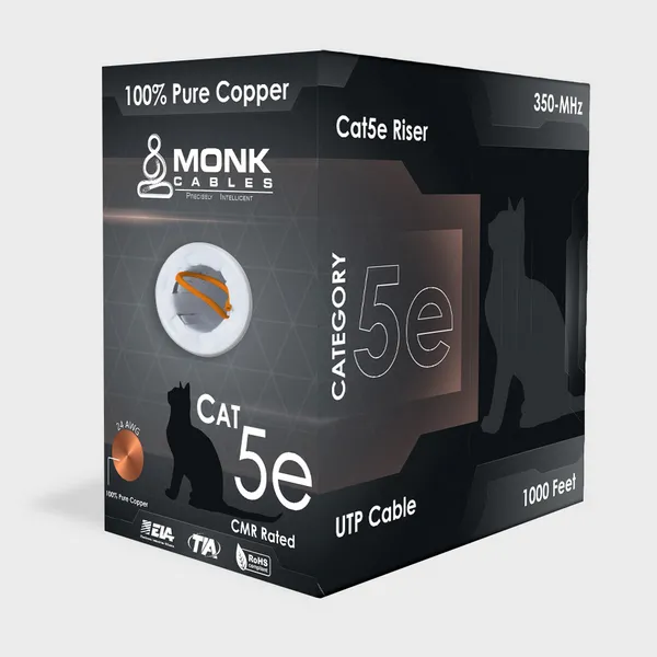 Orange Cat5e Riser (CMR) 1000ft Solid Pure Bare Copper 24-Awg 350Mhz UTP 4 Pairs Cable Pull Box