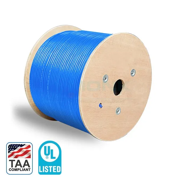 UL-Listed Blue Plenum Cat6a 1000ft Solid Pure Bare Copper (CMP) (UTP) 23 Awg 750 MhzEthernet Network Cable, TAA Compliant