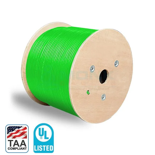 UL-Listed Green Plenum Cat6a 1000ft Solid Pure Bare Copper (CMP) (UTP) Unshielded Ethernet Network Cable, TAA Compliant