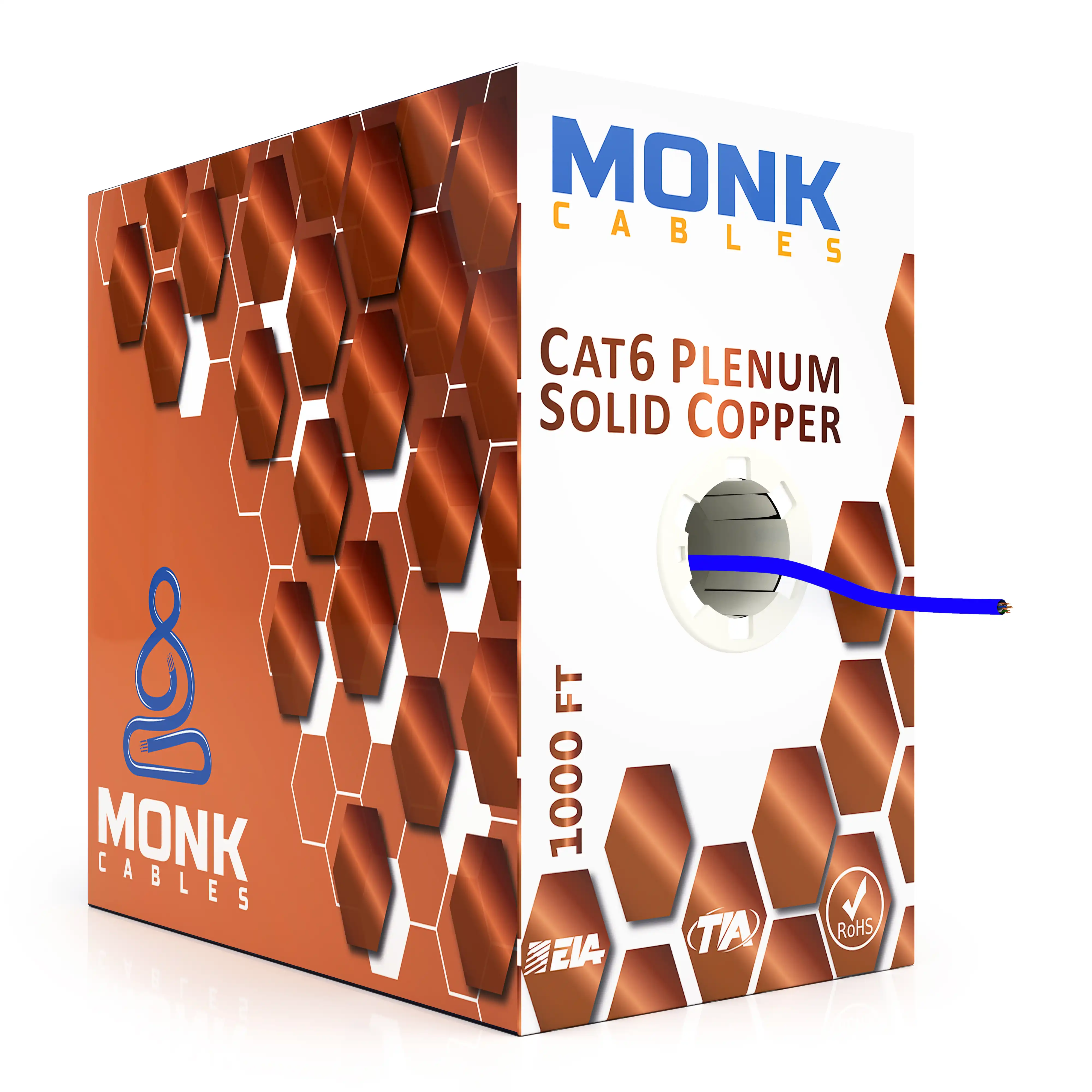 Blue Cat6 Solid Pure Bare Copper 1000ft Plenum UTP, 550Mhz, 23Awg (0.57mm), Ethernet Network Cable